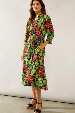 Floral Print Viscose Belted Midi Shirt Dress