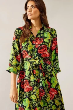 Floral Print Viscose Belted Midi Shirt Dress