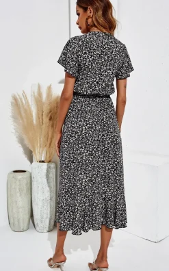 Floral Print Wrap Hem Midi Dress In Black
