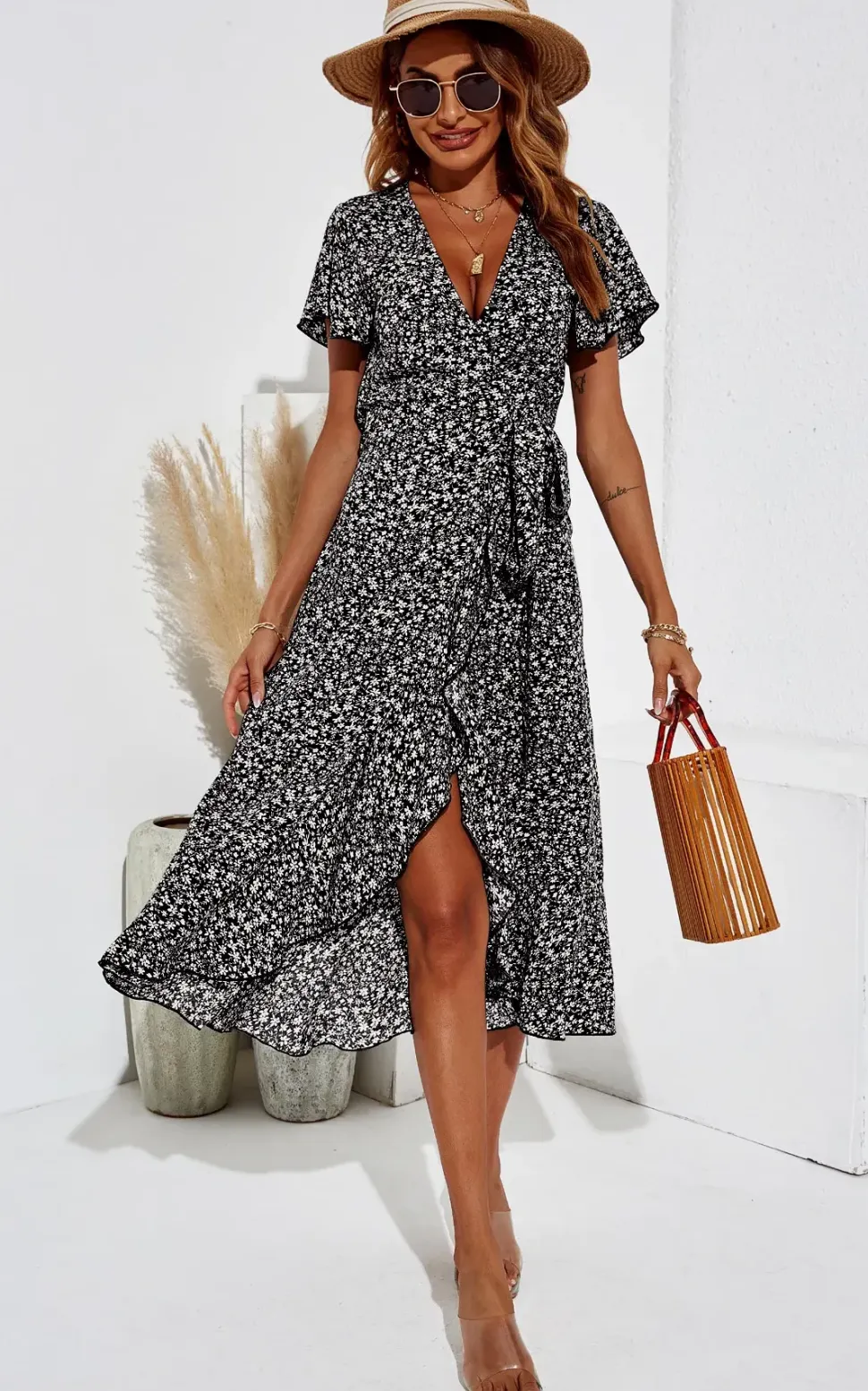Floral Print Wrap Hem Midi Dress In Red