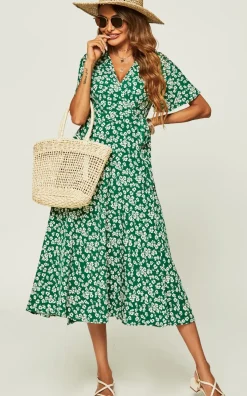 Floral Print Wrap Midi Dress In Green