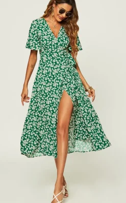 Floral Print Wrap Midi Dress In Green