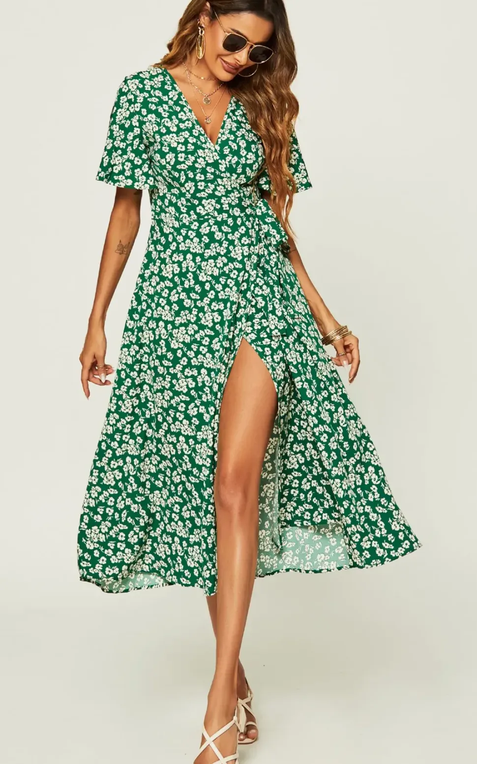 Floral Print Wrap Midi Dress In Green