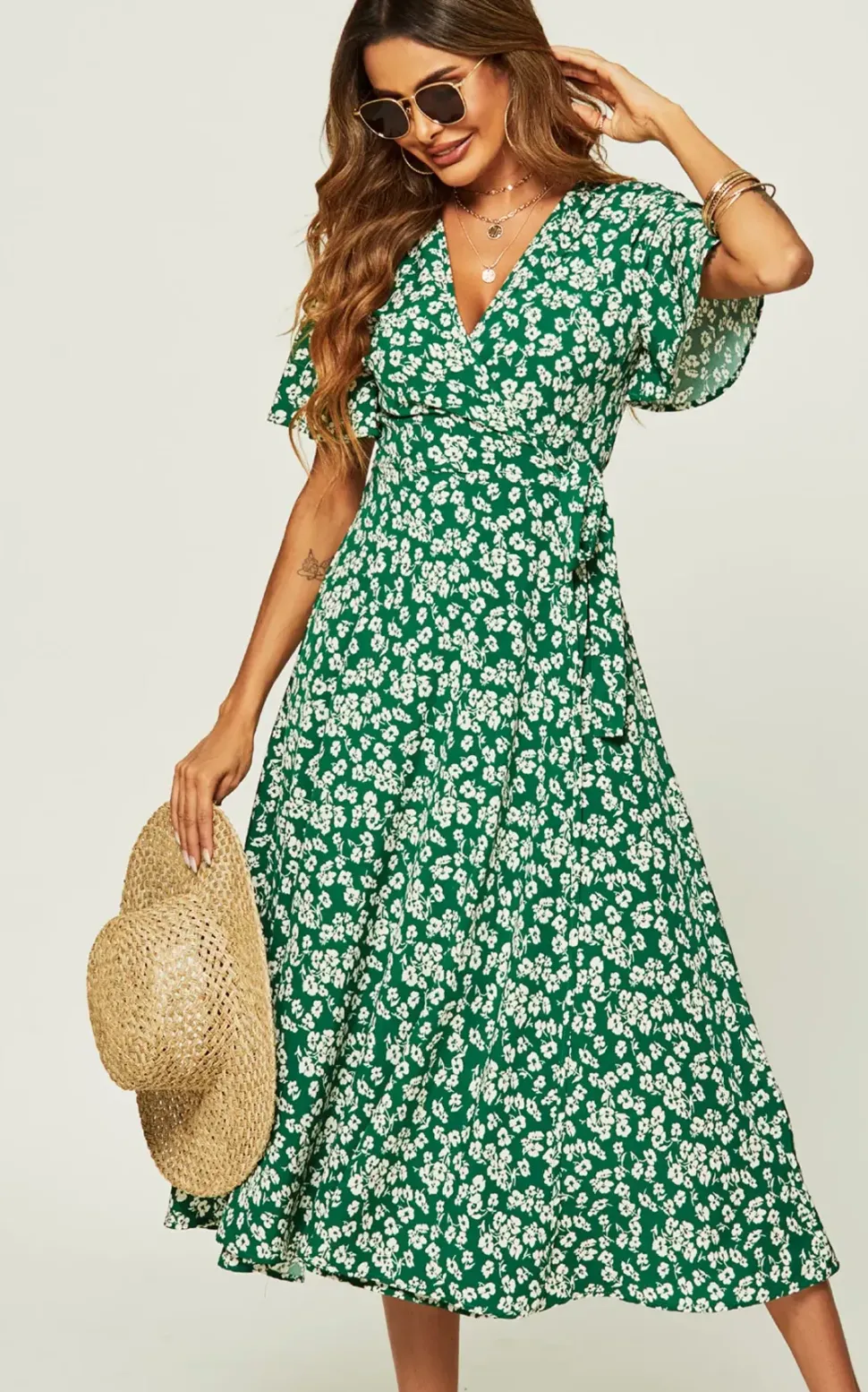 Floral Print Wrap Midi Dress In Green