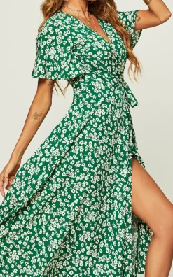 Floral Print Wrap Midi Dress In Green