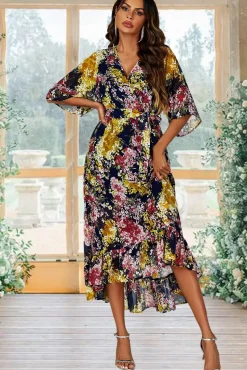 Floral Print Wrap Top Kimono Sleeve Maxi Dress In Navy