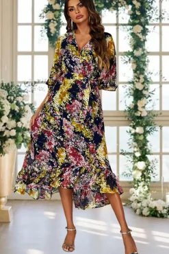 Floral Print Wrap Top Kimono Sleeve Maxi Dress In Navy