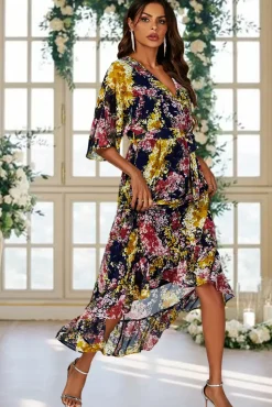Floral Print Wrap Top Kimono Sleeve Maxi Dress In Navy