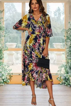 Floral Print Wrap Top Kimono Sleeve Maxi Dress In Navy