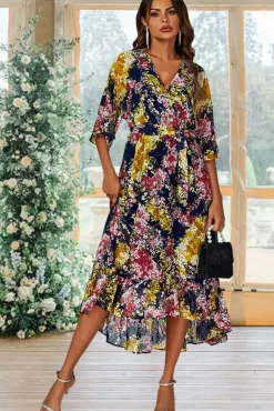 Floral Print Wrap Top Kimono Sleeve Maxi Dress In Navy