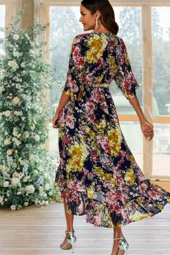 Floral Print Wrap Top Kimono Sleeve Maxi Dress In Navy