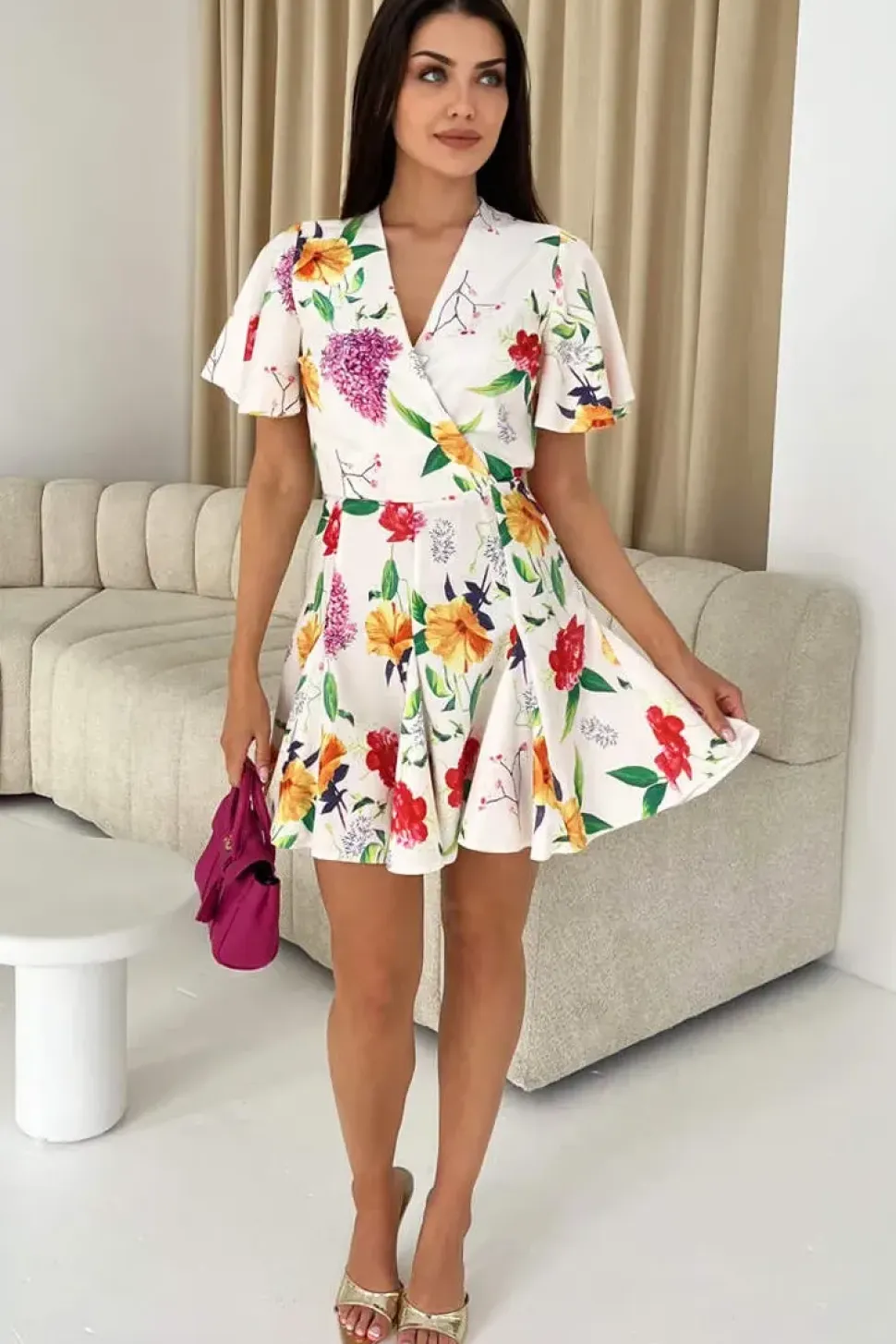 Floral Print Wrap Top Skater Dress