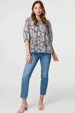 Floral 3/4 Puff Sleeve Relaxed Blouse