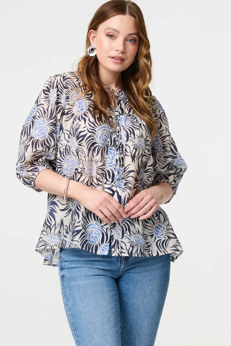 Floral 3/4 Puff Sleeve Relaxed Blouse