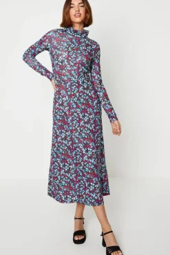 Floral Roll Neck Long Sleeve Jersey Dress