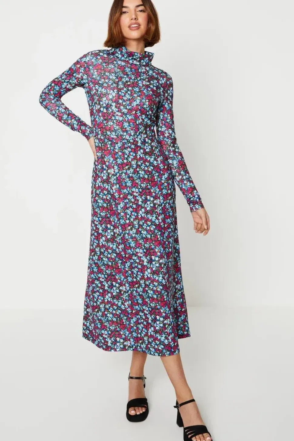 Floral Roll Neck Long Sleeve Jersey Dress