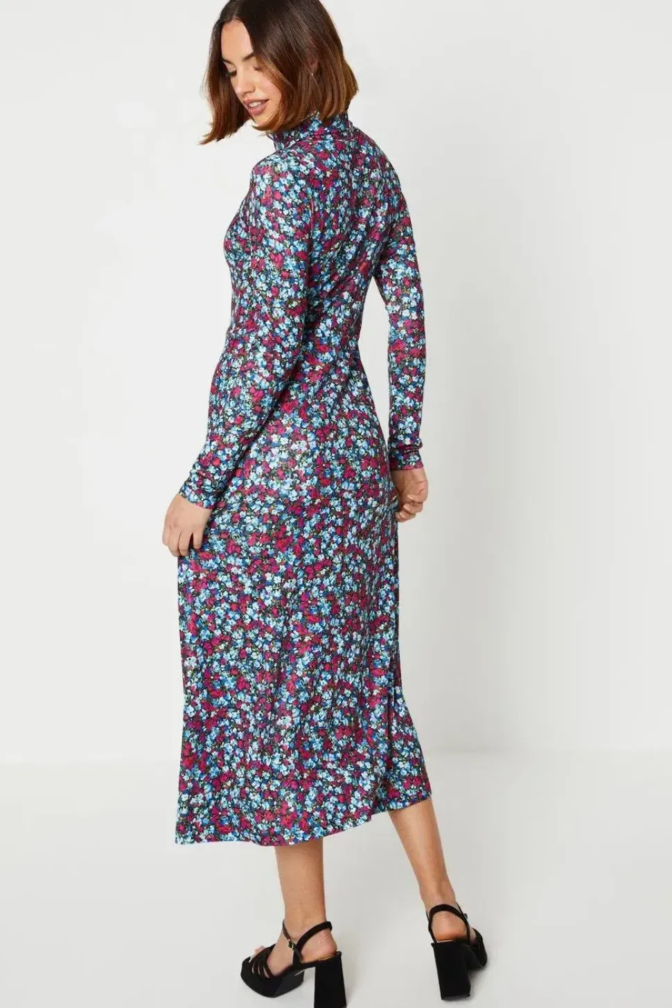 Floral Roll Neck Long Sleeve Jersey Dress