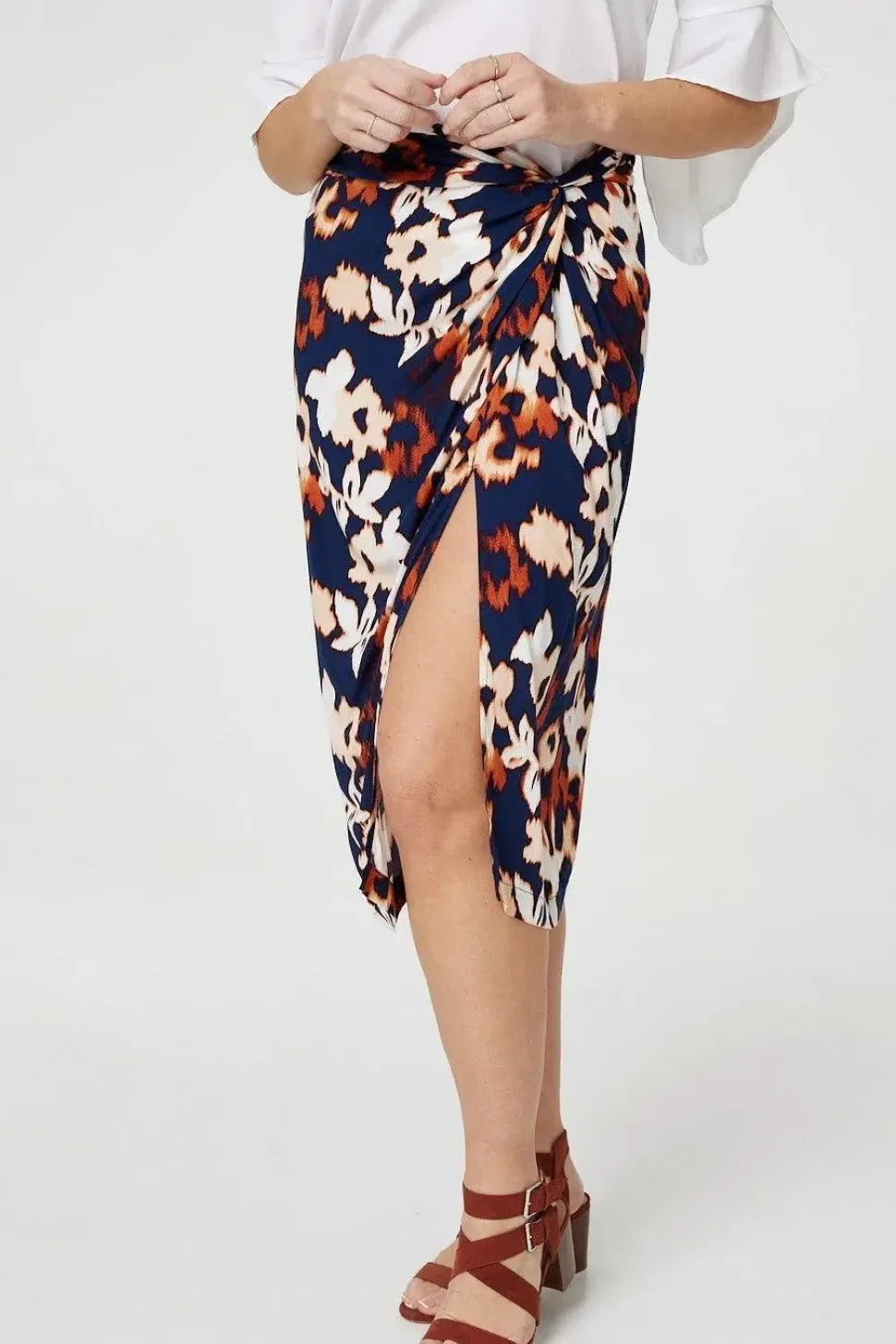 Floral Ruched High Waist Midi Skirt