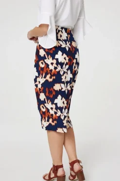 Floral Ruched High Waist Midi Skirt