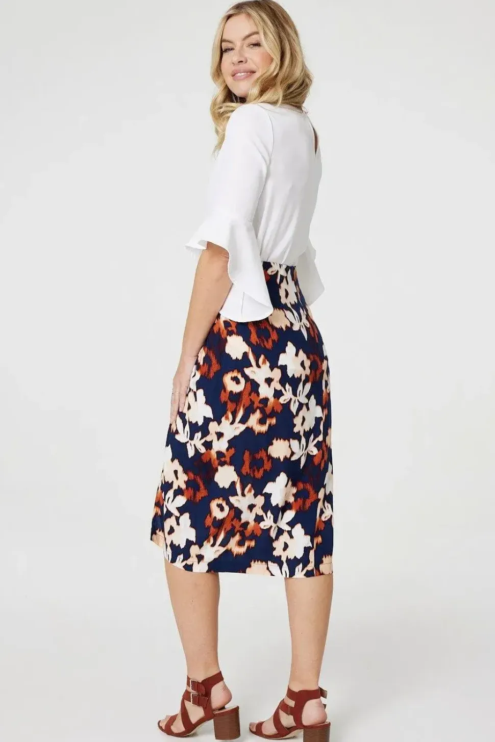 Floral Ruched High Waist Midi Skirt