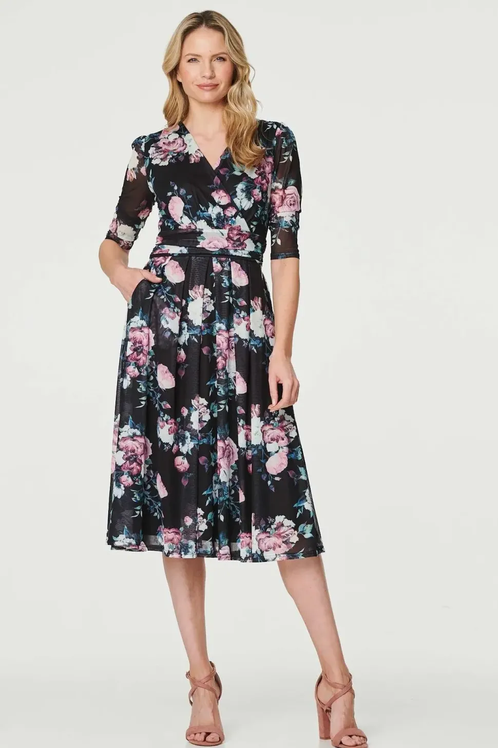 Floral Ruched Midi Tea Dress