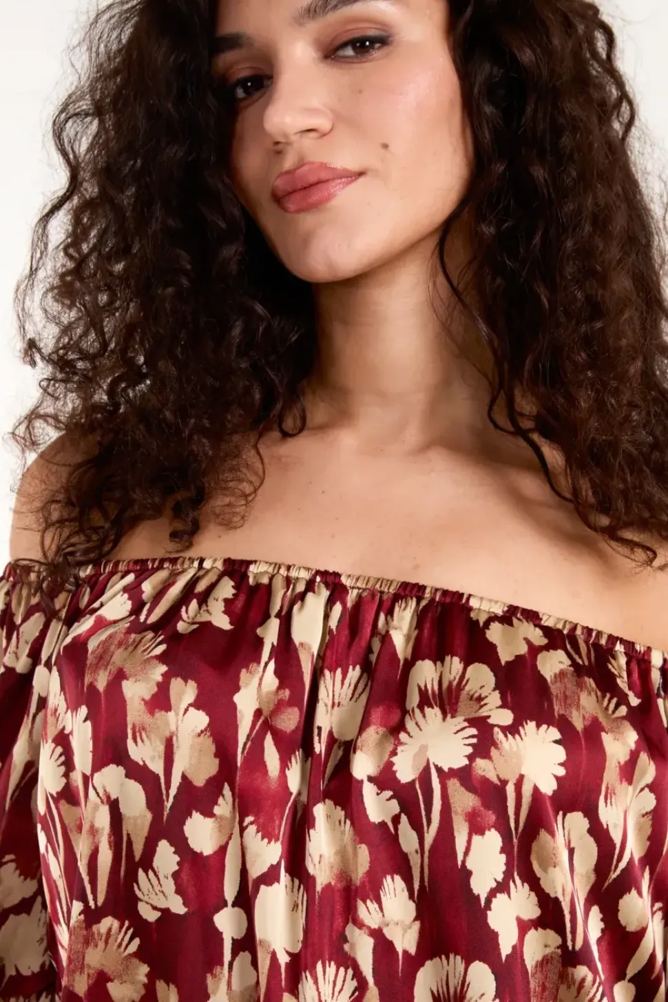 Floral Ruched Sleeve Bardot