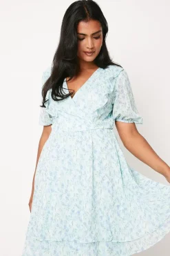 Floral Ruffle Detail Tiered Wrap Midi Dress