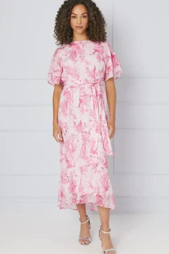Floral Ruffle Metallic Sleeve Belted Midaxi Dress