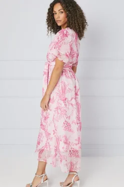 Floral Ruffle Metallic Sleeve Belted Midaxi Dress