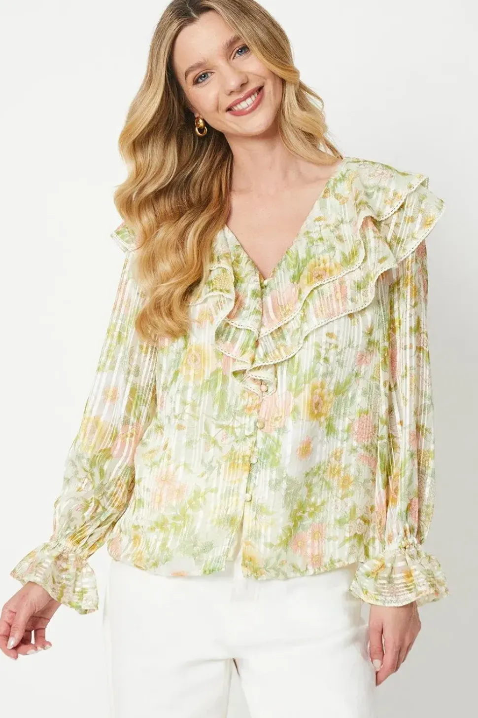 Floral Ruffle Neckline Burnout Chiffon Blouse
