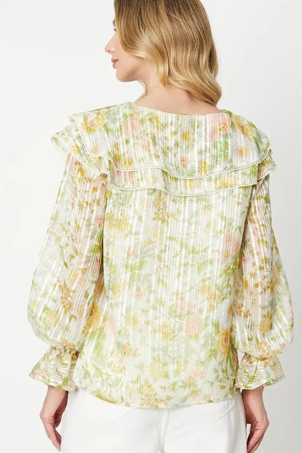 Floral Ruffle Neckline Burnout Chiffon Blouse