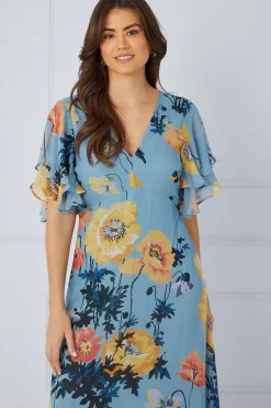 Floral Ruffle Sleeve Bias Midaxi Dress