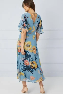 Floral Ruffle Sleeve Bias Midaxi Dress