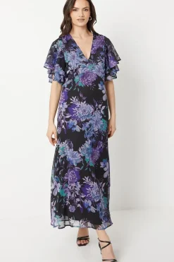 Floral Ruffle Sleeve Bias Midaxi Dress