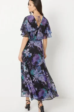 Floral Ruffle Sleeve Bias Midaxi Dress