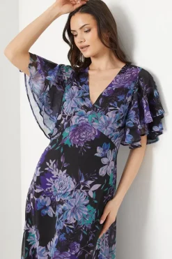 Floral Ruffle Sleeve Bias Midaxi Dress