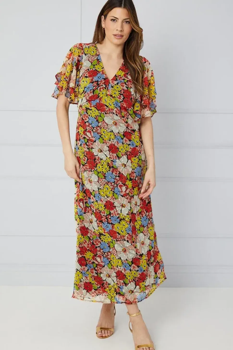 Floral Ruffle Sleeve Bias Midaxi Dress
