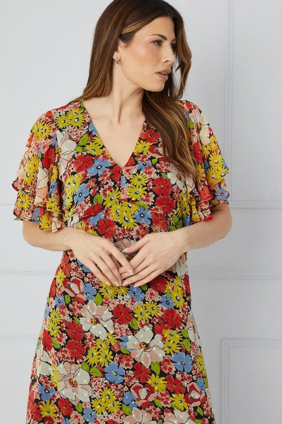 Floral Ruffle Sleeve Bias Midaxi Dress