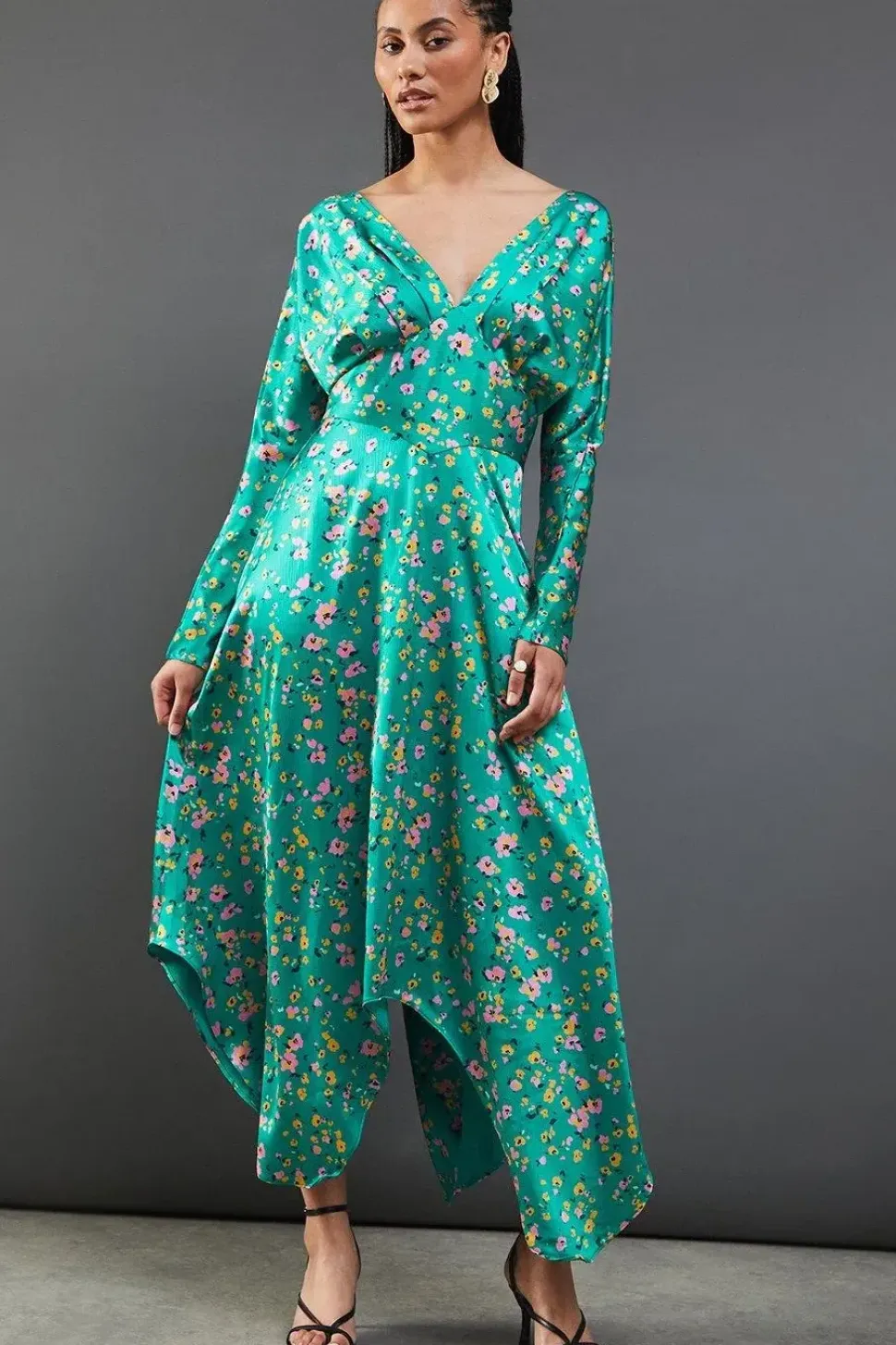 Floral Satin Batwing Waisted Hanky Hem Midi Dress