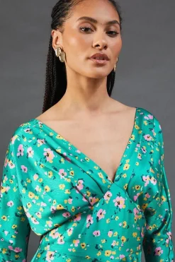 Floral Satin Batwing Waisted Hanky Hem Midi Dress