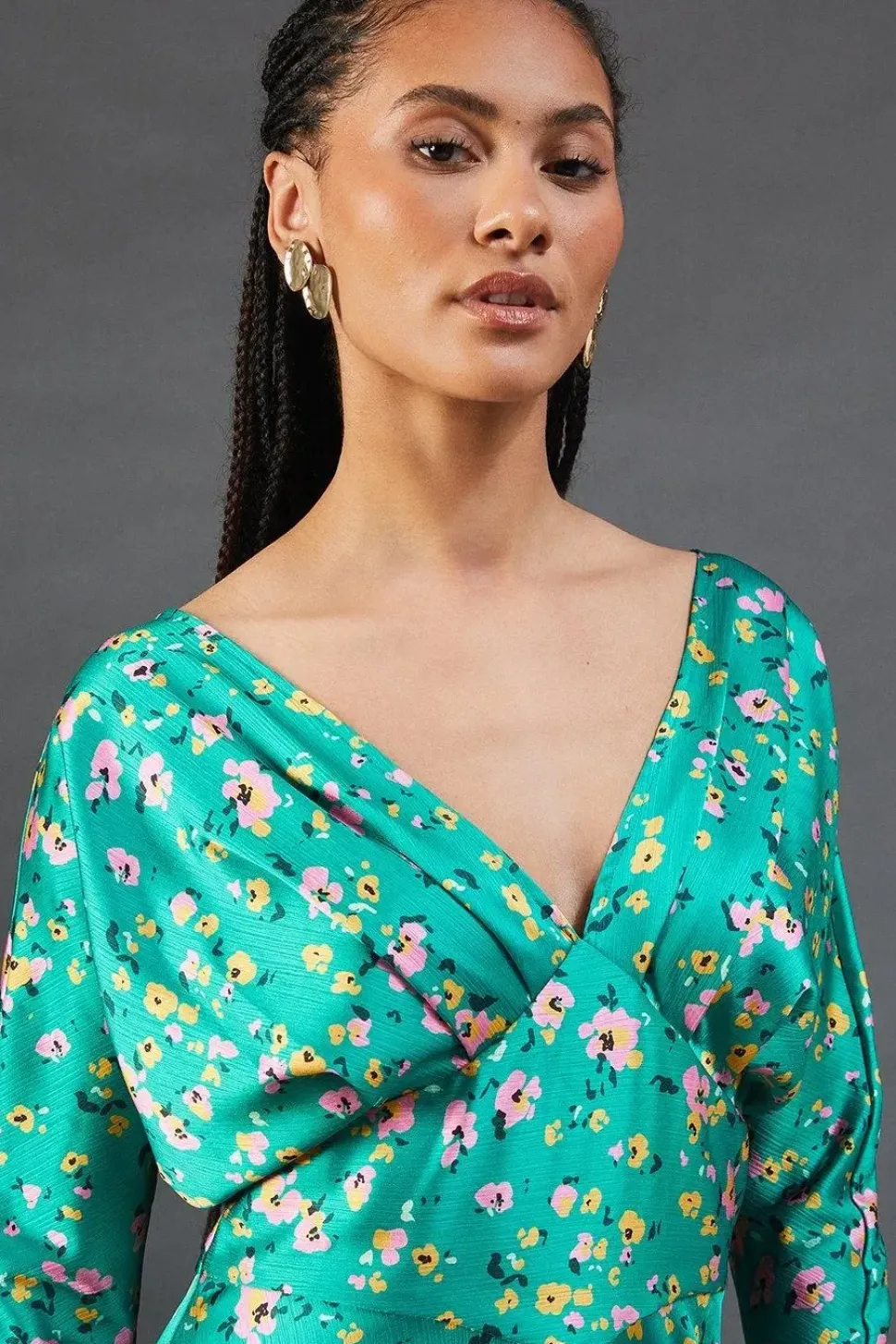 Floral Satin Batwing Waisted Hanky Hem Midi Dress