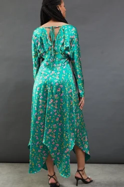 Floral Satin Batwing Waisted Hanky Hem Midi Dress