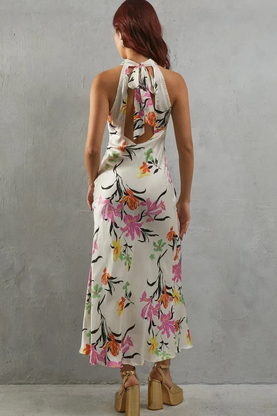 Floral Satin Halter Neck Backless Slip Dress