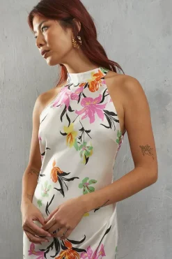 Floral Satin Halter Neck Backless Slip Dress