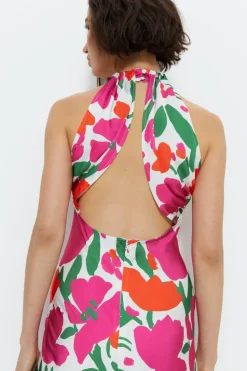 Floral Satin Halterneck Dress