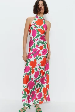 Floral Satin Halterneck Dress