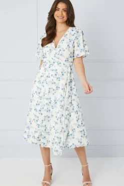 Floral Satin Jacquard Wrap Midi Dress