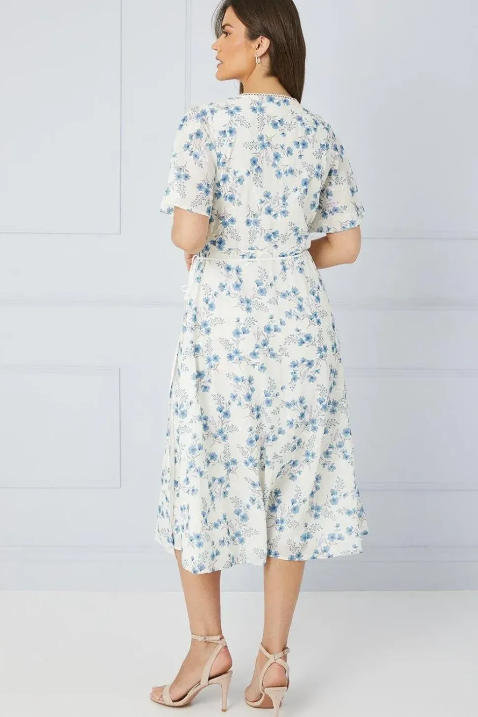 Floral Satin Jacquard Wrap Midi Dress