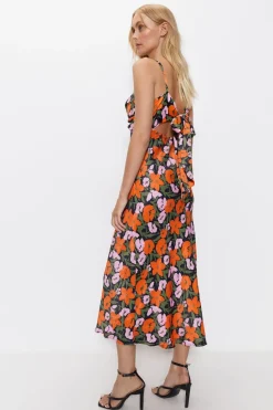 Floral Satin Knot Strappy Slip Dress