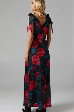 Floral Satin Lace Insert Tie Shoulder Midi Bridesmaids Dress